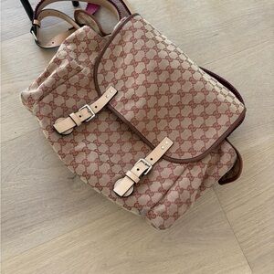 Gucci Beige and Red Monogram Backpack with Box